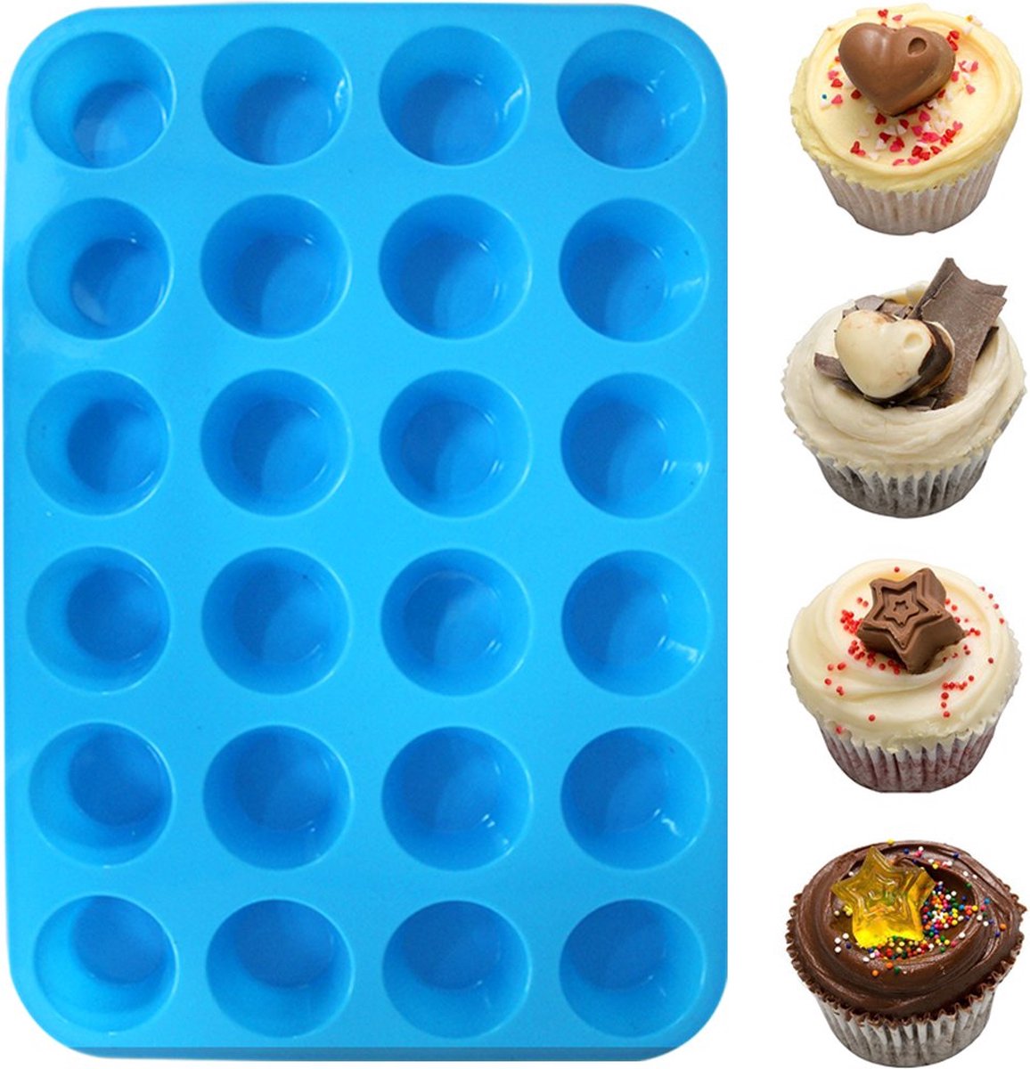 Minismus 24 stuks Siliconen Mini Muffin Bakvorm ⌀ 5 cm- Cupcakes - 24 stuks - Blauw - cupcake vormpjes - Muffin Bakvormen