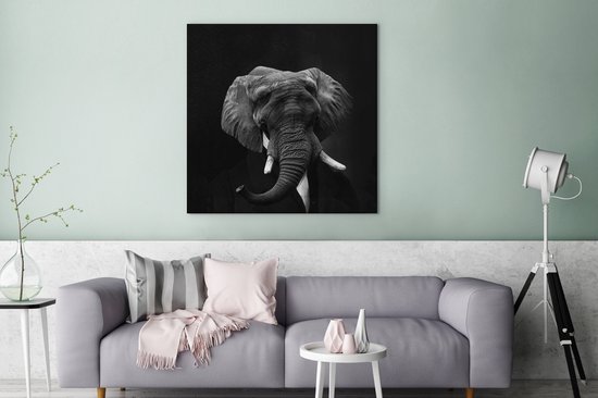 Tableau Peinture sur Toile - Éléphant d'Afrique - Zwart - Wit - 90x90 cm - Décoration murale