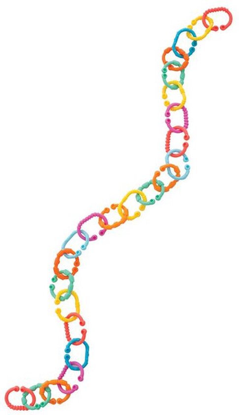 Een lange, golvende ketting van kleurrijke Playgro koppelringen in roze, geel, groen, oranje en blauw op een witte achtergrond.