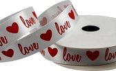 Valentijn Love Lint 16mm (1,6cm) | Luxe Satijn Valentijnslint | Lint Love Hart | Wit Rood | Bruilof Lint | Cadeau Lint | Rol: 10 Meter