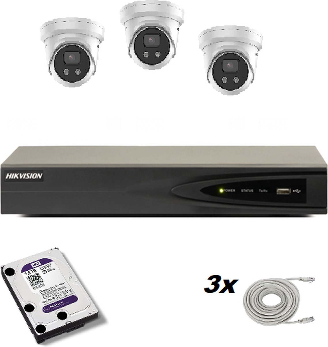 Hikvision set met 3 x Hikvision DS-2CD2386G2-I 8mp 2.8mm AcuSense vaste turretcamera,1 x 4 kanaals DS-7604NI-K1/4P recorder, 1 x HD van 1 TB