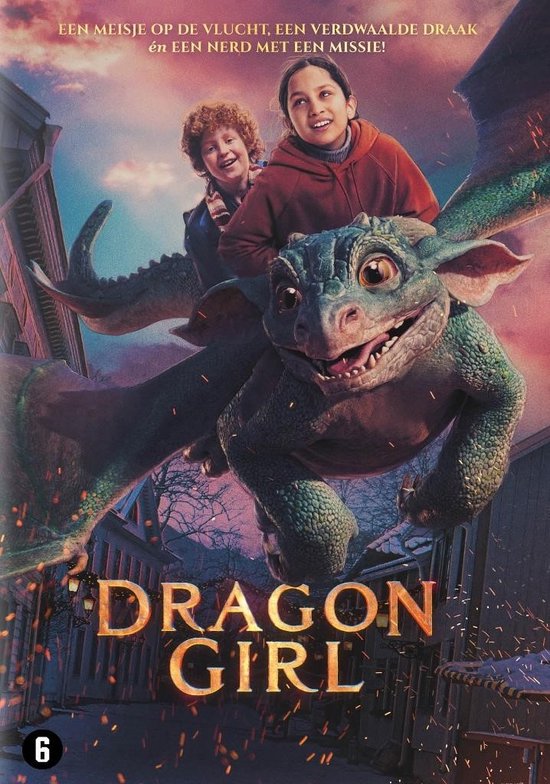 Poster: een meisje en jongen rijden op een vliegende draak. Tekst: DRAGON GIRL.