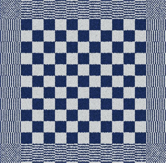 Blauwe en grijze geblokte keukendoek met gestreepte rand.
