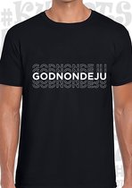 GODNONDEJU herenshirt - Zwart - Maat S - Korte mouwen - Ronde hals - Regular Fit - Grappige teksten - Leuke shirtjes - Humor - Original Kwoots - Cadeau - Vlaanderen - In godsnaam