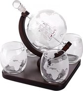 Luxe Whiskey Geschenkset - 4 Kristallen Glazen & Karaf - Handgeblazen Schip - Wereldkaart - 1000 ML Globe - Geschenkset 5 Stuk - Hout