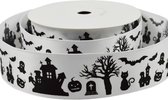 Halloween Lint | Luxe Satijnlint 25mm (2,5cm) | Spook Griezel Satijn Lint | Wit Zwart Halloweenlint | Cadeaulint | Decoratielint | Rol: 10 Meter