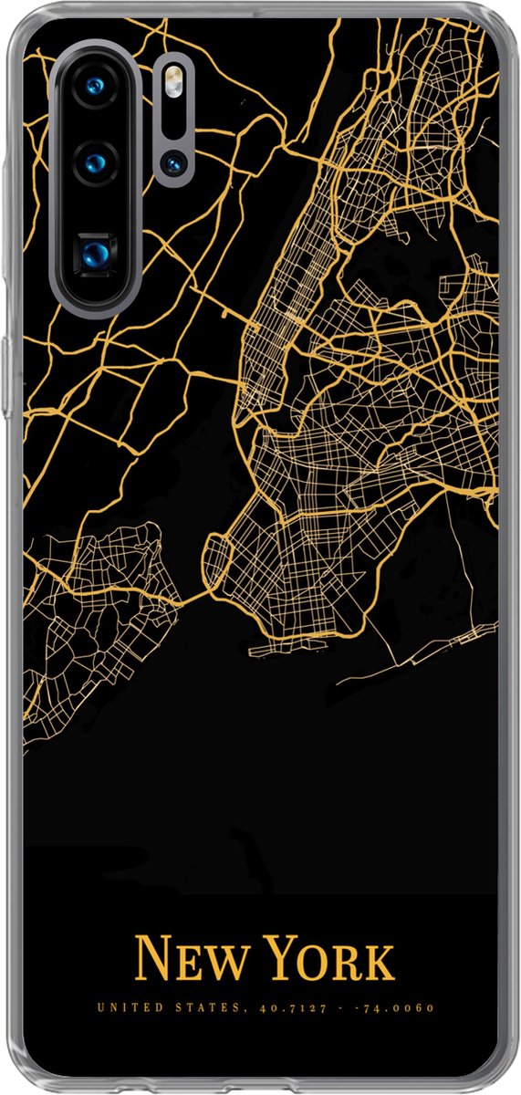 Telefoonhoesje Geschikt voor Huawei P30 Pro hoesje - New York - Kaart - Goud - Siliconen Telefoonhoesje Telefoonhoesje