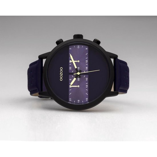 OOZOO Timepieces Zwarte horloge met blauwe leren band C10515