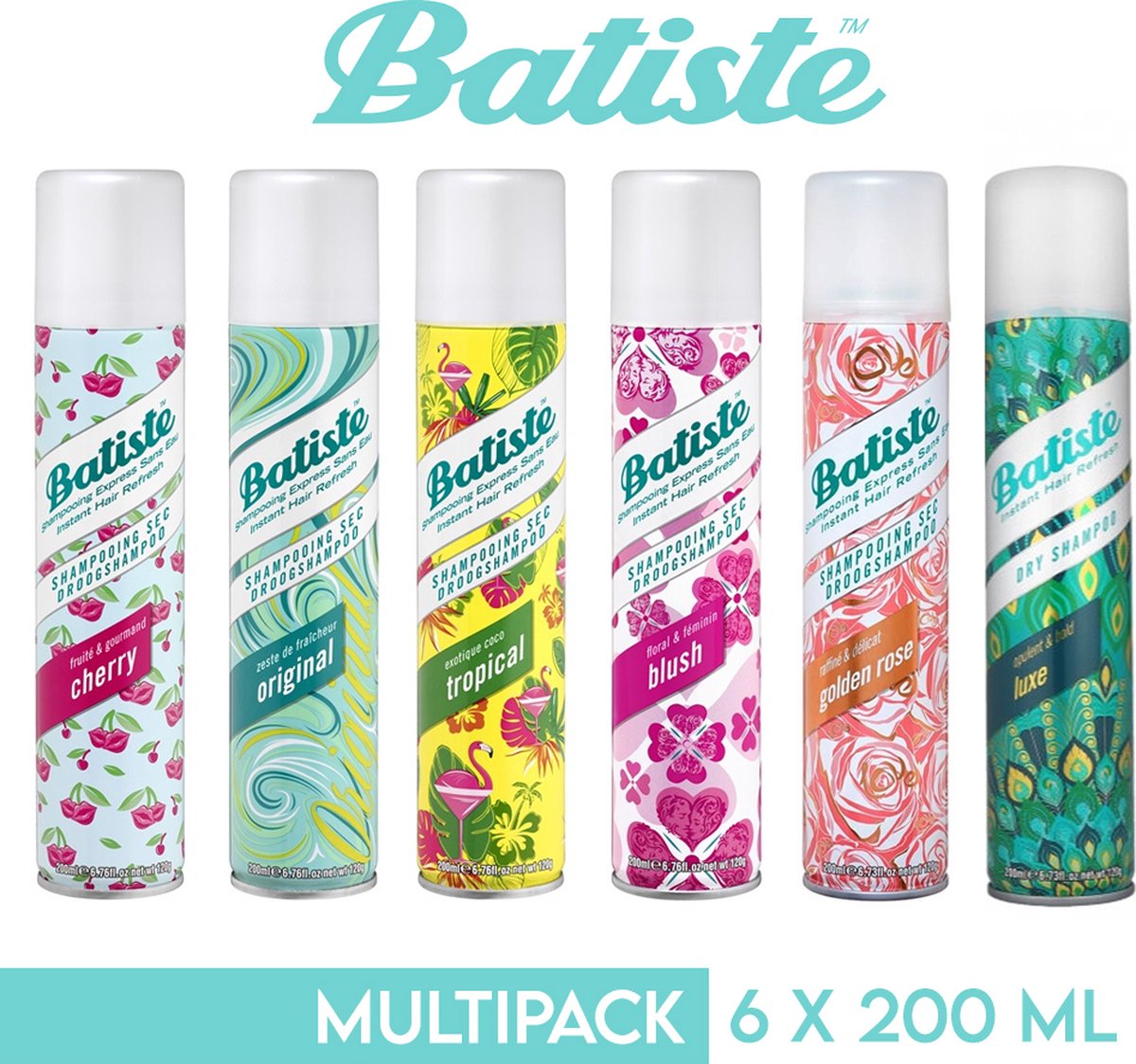 Batiste Droogshampoo Multipack - 6 x 200ml - Tropical, Cherry, Original, Blush, Pineapple, Golden Rose