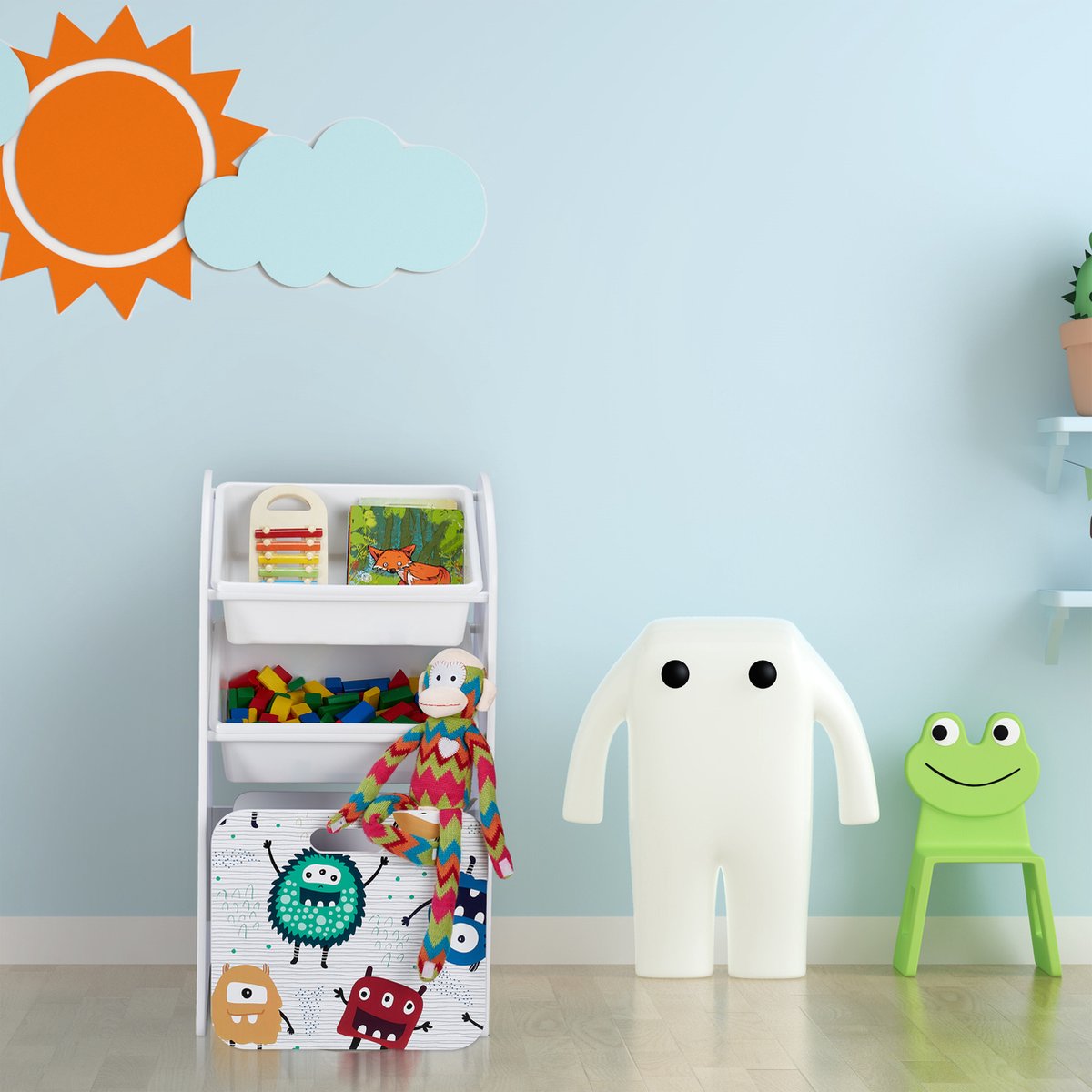 Relaxdays speelgoedkast met 4 manden, voor kinderkamer, jongens & meisjes, dino thema, HBD 62x53x30 cm, meerkleurig