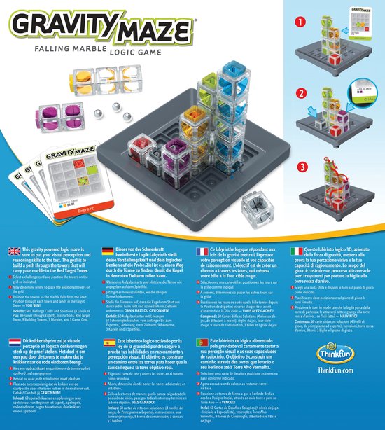 Gravity Maze bordspel met gekleurde, transparante torens en knikkers op een grijze basis.
