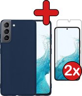 Hoesje Geschikt voor Samsung S22 Hoesje Siliconen Case Hoes Met 2x Screenprotector - Hoes Geschikt voor Samsung Galaxy S22 Hoes Cover Case - Donkerblauw.