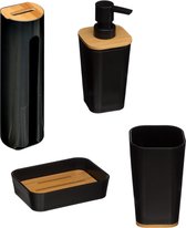 Badkameraccessoires set - Zwart - Zeeppompje  - Zeepdispenser - Wattenschijfjeshouder - Wattenschijfjes dispenser - Bakje voor tandenborstel - Zeepbakje - Zeephouder