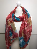 Lange dames sjaal Ulrike bloemenmotief rood blauw wit bruin roze