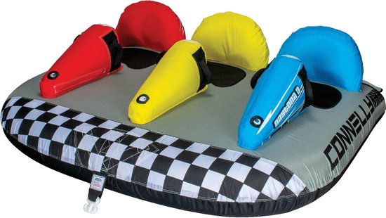 Grijs Connelly Daytona 3-persoons tubes, met rode, gele en blauwe zitjes, en een zwart-wit geblokte rand.