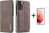 Luxe Telefoonhoesje voor Samsung Galaxy S22 | Hoogwaardig Leren Bookcase | Luxe Uitstraling | Flip Case | Portemonnee | Grijs + 1x Screenprotector