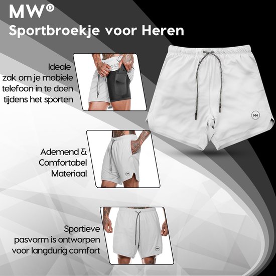 Short de sport blanc pour hommes, idéal pour téléphone portable, respirant et confortable.