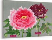 Schilderij op Canvas - 60 x 40 cm - Vintage pioenrozen in roze & fuchsia - Japanse kunst - Bloemen en planten - Wanddecoratie - Muurdecoratie - Slaapkamer - Woonkamer