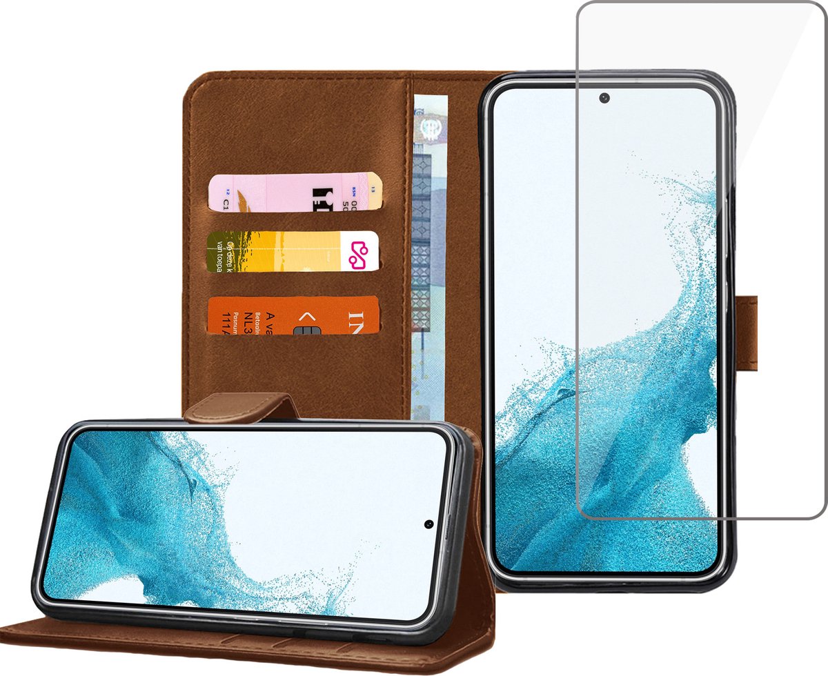 Samsung S22 Book Case Hoesje - Samsung S22 Screenprotector - Flip Portemonnee Bruin met Screen Cover Tempered Glas