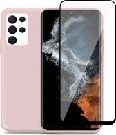 Samsung S22 Ultra Hoesje + Samsung S22 Ultra Screenprotector – Beschermglas Cover - Suède Case Rose