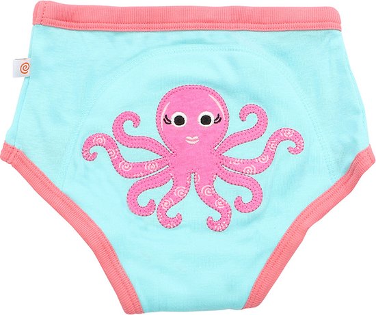 Blauw oefenbroekje met roze bies en een roze octopus.