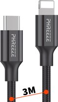Extra Lange 20W Power Delivery 8-PIN naar USB C Kabel - 3 Meter - Nylon Gevlochten - Geschikt voor iPad, Lightning, iPhone - Snellader Oplader Snoer