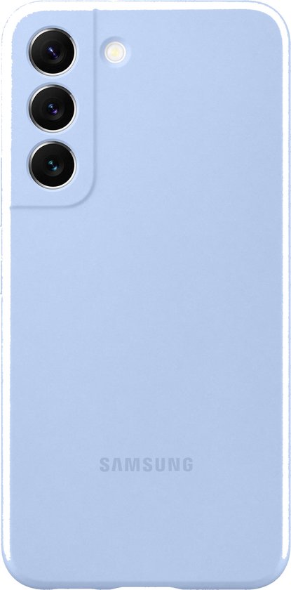 Lichtblauwe Samsung telefoonhoes, achterkant met cameralensuitsparing en Samsung logo.