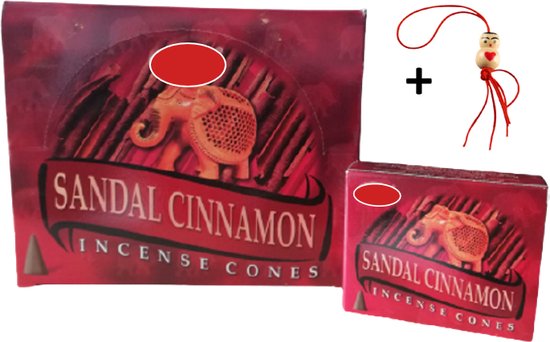 Verpakking met Sandal Cinnamon wierook kegeltjes, met afbeelding van een olifant en een gelukspoppetje.