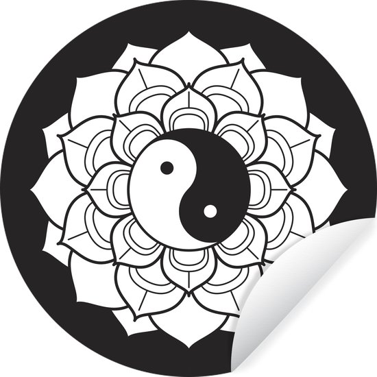 Foto: Wallcircle muurstickers behangcirkel zwart wit illustratie van een lotus met het yin en yang symbool 120 cm muurcirkel zelfklevend ronde behangsticker xxl