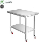 MoreLife Roestvrijstalen werktafel voor in de keuken - Keuken werktafel met wielen Keuken trolley - RVS werktafel - Zwenkwielen - Werktafel op wielen - Werkbank keuken - Keukentafel voor prep