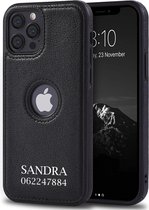 Lederen iPhone 13 Pro hoesje met naam, Gepersonaliseerde iphone hoesje, zwart kleur