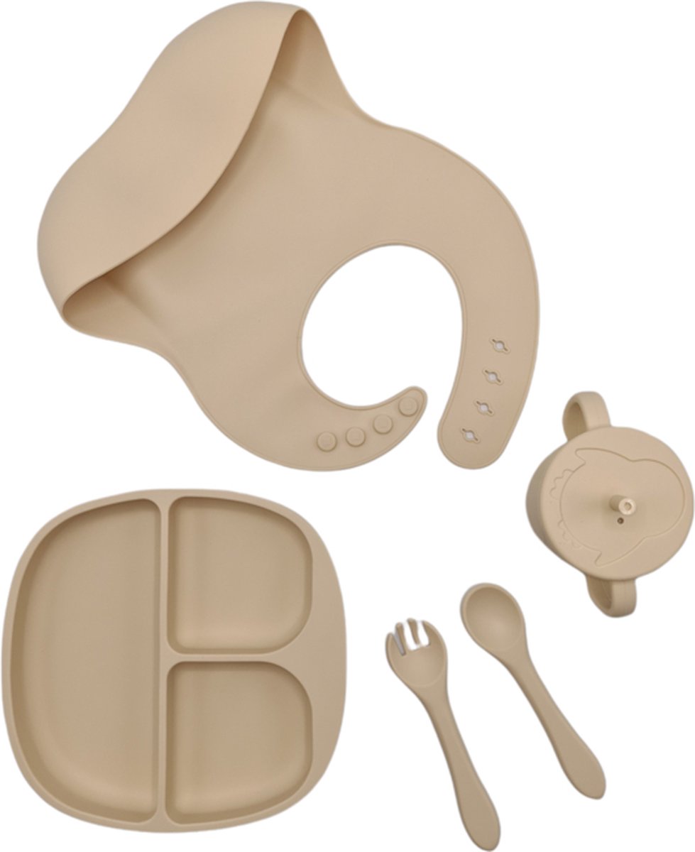 Goedkoopste Dinerset - Kinderserviesset - 5 delig kinderserviesset - Siliconen slab met opvangbakje - diner - Kinderbestek - Bestekset - kinderservies - kraamcadeau - baby - kind - servies - babyservies - eten - drinken - dinerset - diner - kraampakket - Beige