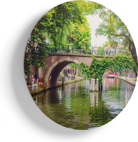 Artaza Houten Muurcirkel - Dichtbegroeide Brug Op De Oudegracht In Utrecht - Ø 90 cm - Groot - Multiplex Wandcirkel - Rond Schilderij