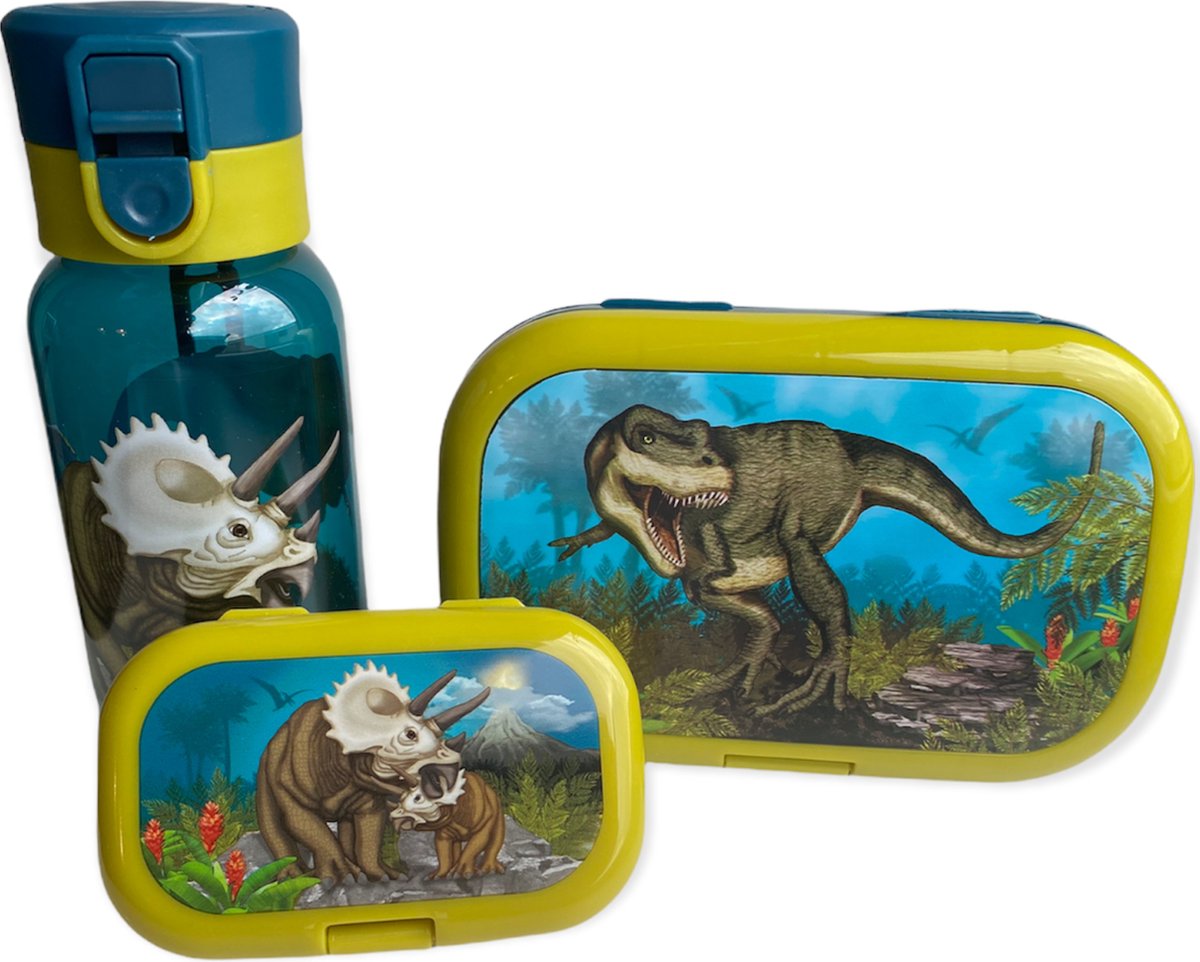 Schoolset / Lunchset Dinosaurus – lunchbox / broodtrommel T-rex met drinkfles / drinkbeker en mini snackbox – Triceratops -(3-delig)