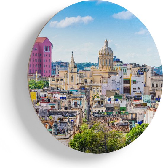Artaza Houten Muurcirkel - Havana Stad in Cuba - Ø 75 cm - Multiplex Wandcirkel - Rond Schilderij