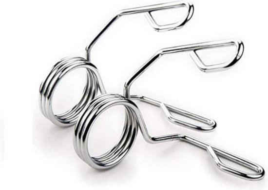 Twee zilverkleurige veerringen van metaal, gebruikt om halterschijven vast te zetten.