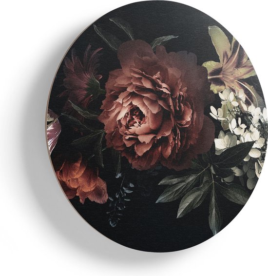 Artaza Houten Muurcirkel - Bloemen Op Een Zwart Achtergrond - Ø 50 cm - Klein - Multiplex Wandcirkel - Rond Schilderij