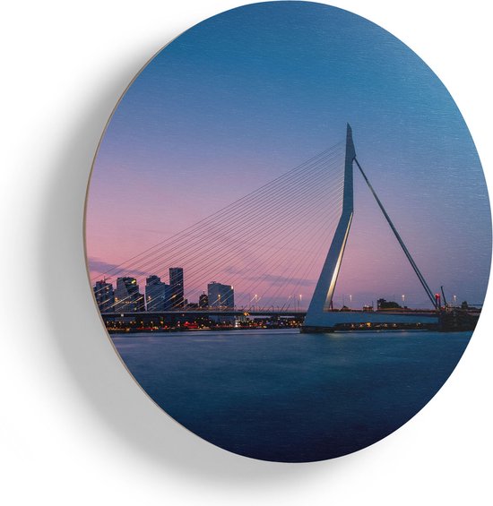 Artaza Houten Muurcirkel - Erasmusbrug In Rotterdam Met Zonsondergang - Ø 45 cm - Klein - Multiplex Wandcirkel - Rond Schilderij