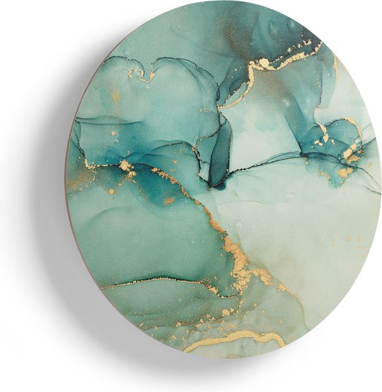 Artaza Houten Muurcirkel - Abstracte Kunst - Blauwe Marmer met Goud - Ø 60 cm - Multiplex Wandcirkel - Rond Schilderij