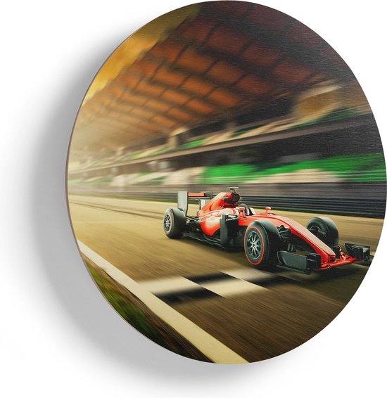 Artaza Houten Muurcirkel - Formule 1 Auto bij de Finish in het Rood - Ø 60 cm - Multiplex Wandcirkel - Rond Schilderij