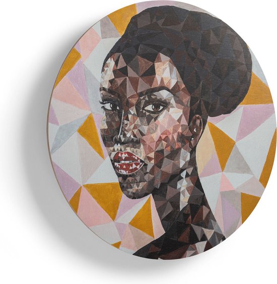 Artaza Houten Muurcirkel - Afrikaanse Vrouw In Driehoekjes - Abstract - Ø 65 cm - Multiplex Wandcirkel - Rond Schilderij