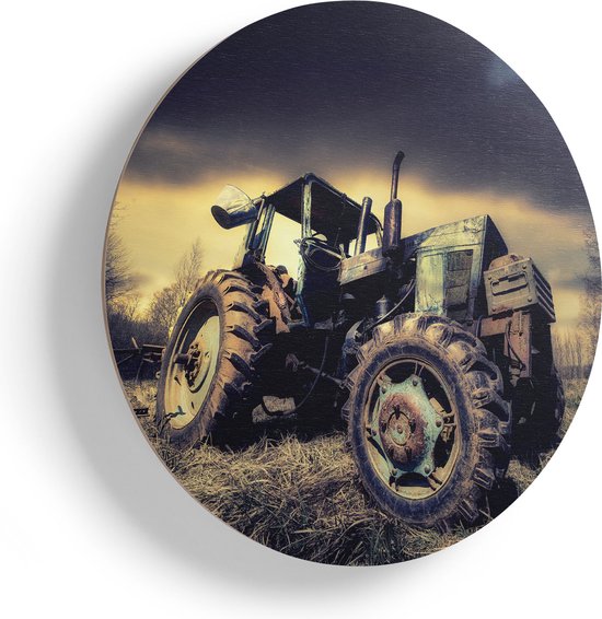 Artaza Houten Muurcirkel - Oude Tractor op het Grasveld - Trekker - Ø 40 cm - Klein - Multiplex Wandcirkel - Rond Schilderij