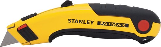 Gele Stanley Fatmax schuifmes met zwarte grip, geïsoleerd op witte achtergrond.