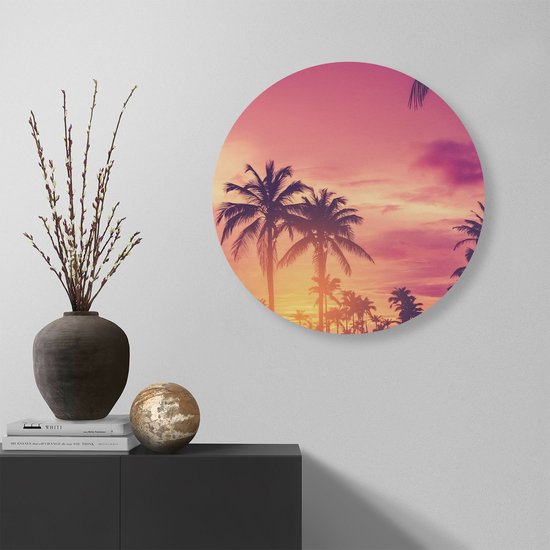 Artaza Dibond Muurcirkel Tropische Palmbomen Met Zonsondergang - Ø 60 cm - Wandcirkel - Rond Schilderij - Voor Binnen en Buiten