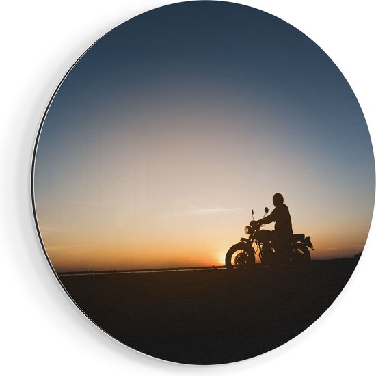 Artaza Dibond Muurcirkel Silhouet Van Een Motor Bij Zonsondergang - Ø 70 cm - Wandcirkel - Rond Schilderij - Voor Binnen en Buiten