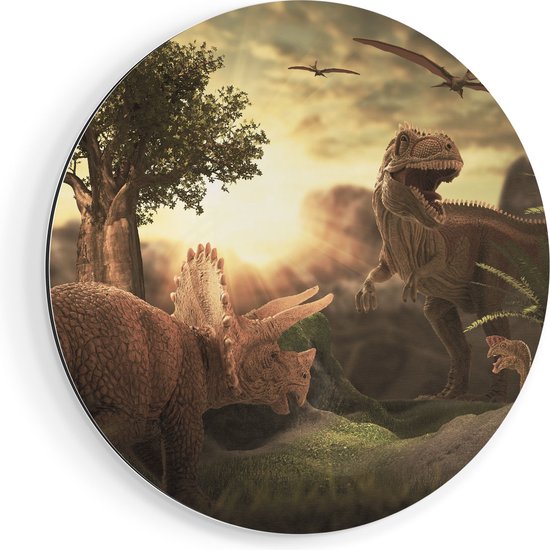 Artaza Dibond Muurcirkel Dinosauriërs in de Natuur - Dino's  - Ø 90 cm - Groot - Wandcirkel - Rond Schilderij - Voor Binnen en Buiten