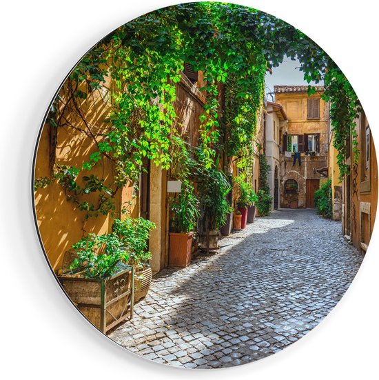Artaza Dibond Muurcirkel Straatje in Rome met Groene Planten - Ø 90 cm - Groot - Wandcirkel - Rond Schilderij - Voor Binnen en Buiten