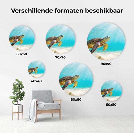 Artaza Dibond Muurcirkel Schildpad Zwemt in de Helder Blauwe Zee - Ø 90 cm - Groot - Wandcirkel - Rond Schilderij - Voor Binnen en Buiten
