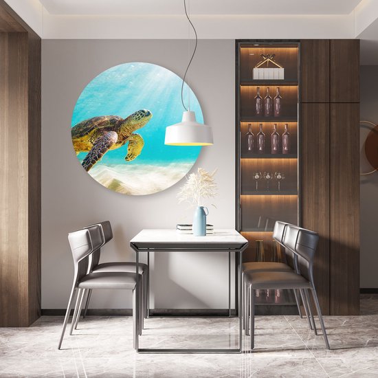 Artaza Dibond Muurcirkel Schildpad Zwemt in de Helder Blauwe Zee - Ø 90 cm - Groot - Wandcirkel - Rond Schilderij - Voor Binnen en Buiten