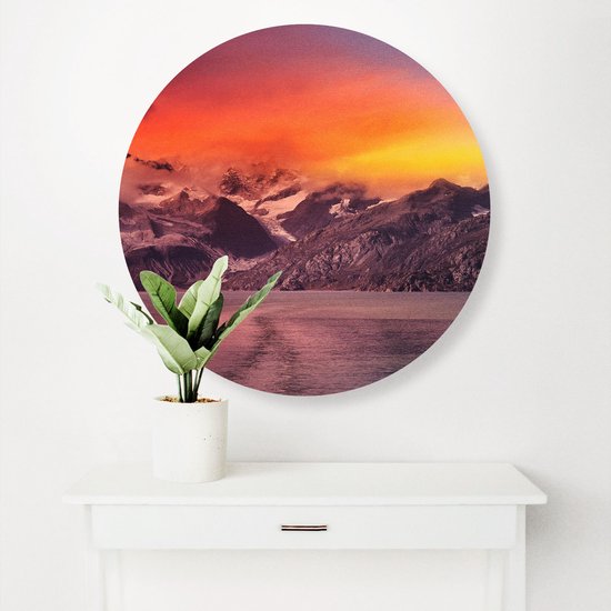 Artaza Dibond Muurcirkel Meer Bij De Bergen Bij Zonsondergang - Ø 40 cm - Klein - Wandcirkel - Rond Schilderij - Voor Binnen en Buiten